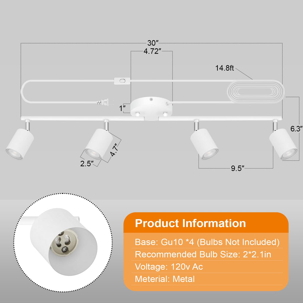 Plug in Track Lighting LED, Track Lighting Fixtures Ceiling, White 4-Light Kitchen Light Kit, Plug in Wall Light