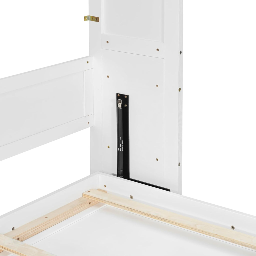 Wall Murphy Bed with Storage, Foldable Cabinet Bed with Vanity Desk, Center Mirror & 2 Side Drawers, Queen, White