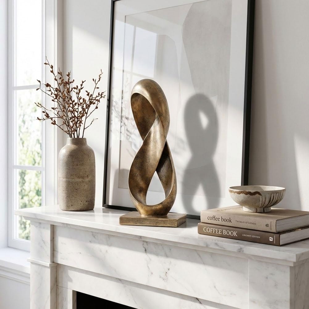 14.6" Tall Abstract Bronze-Finish Knot Sculpture, Modern Resin Infinity Loop Statue, Modern Tabletop Decor for Coffee