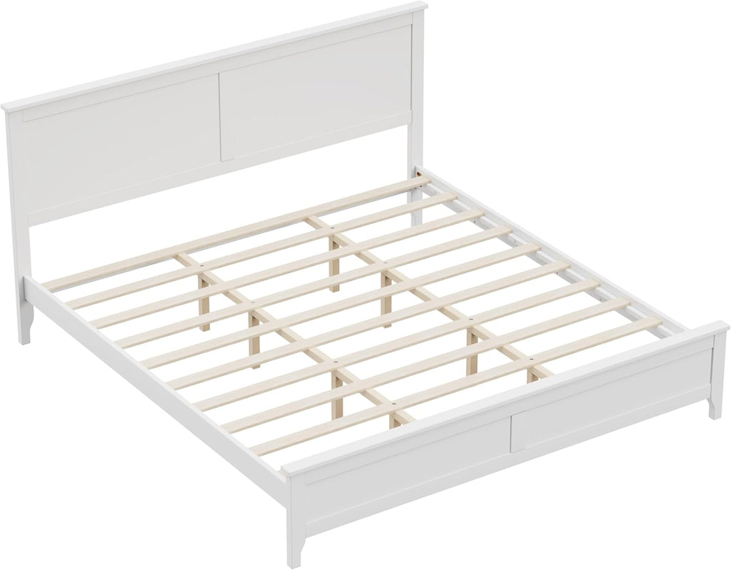 Modern Farmhouse Platform King Bed Frame, Solid Wood Platform Bed Frame with Headboard, Sturdy Wooden Foundation with Wood Slats for Living Room, Rustic Pine - White
