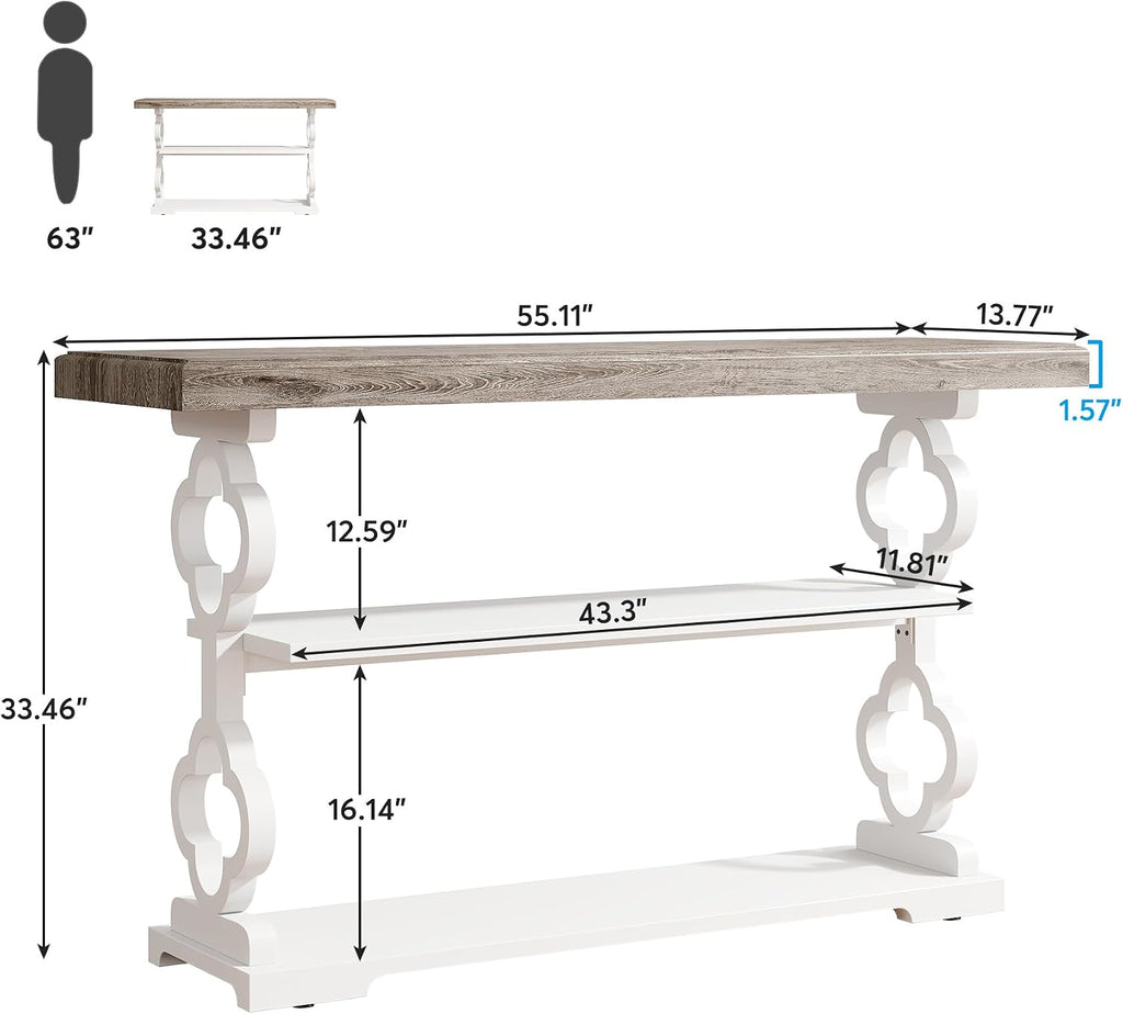 Farmhouse Console Table, 55 inch Long Sofa Table with Storage Shelves, 3 Tier Wood Accent Entry Table , Entrance