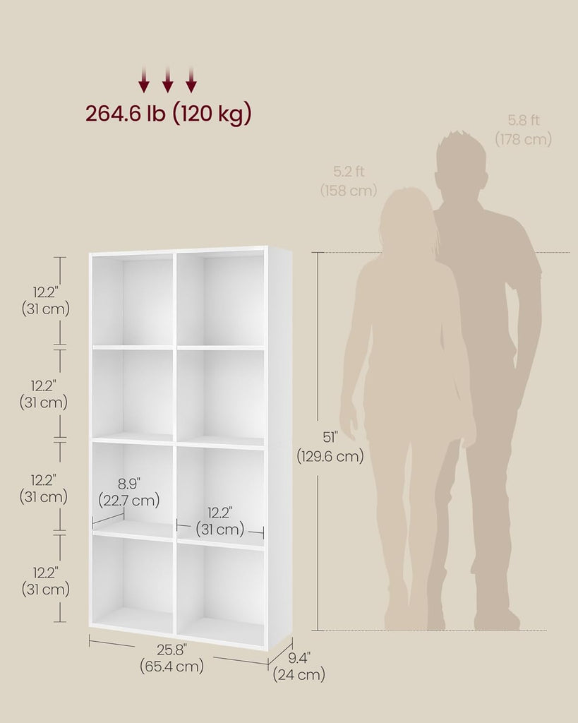 Bookshelf, Bookcase, Cube Shelf with 8 Compartments, 9.4 x 25.8 x 51 Inches, Storage Shelf