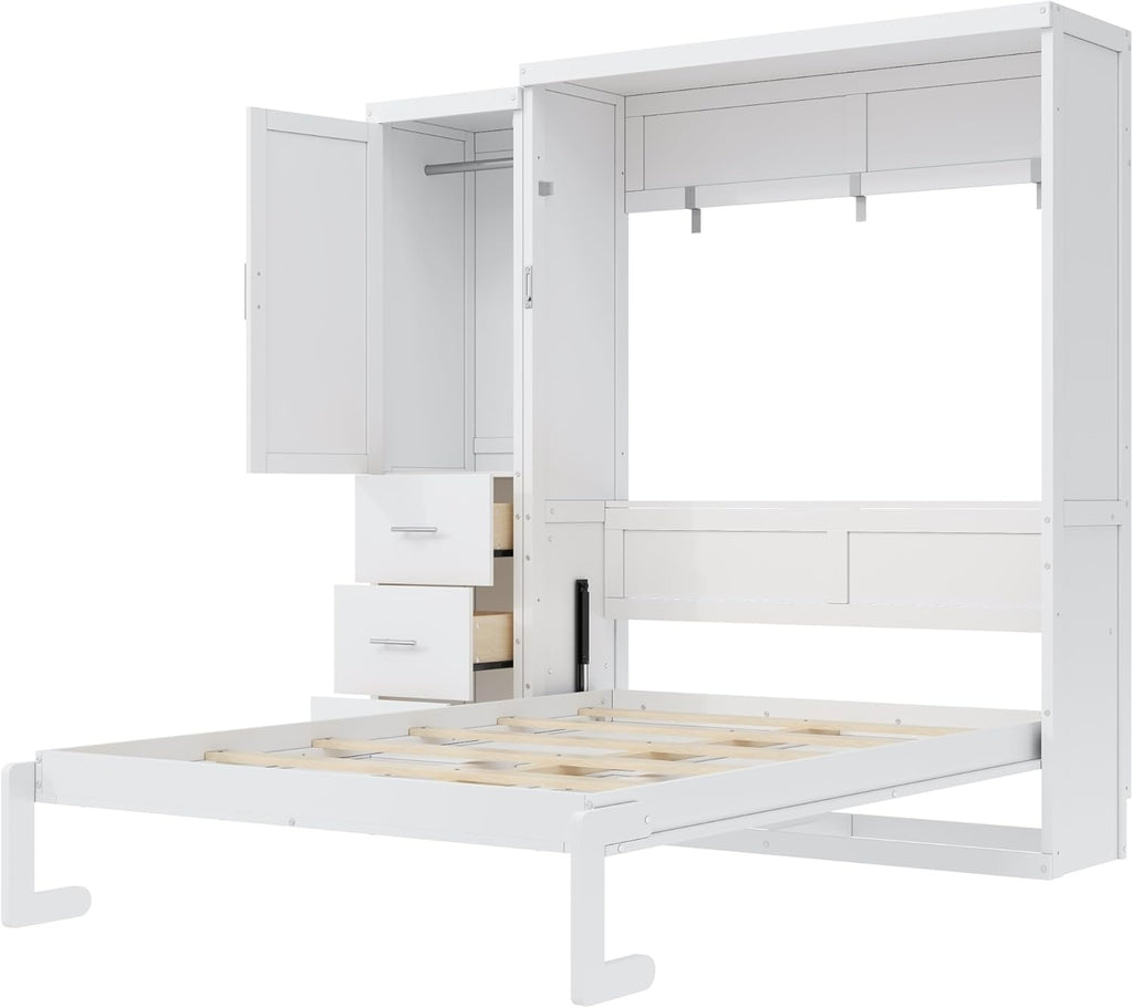 Full Murphy Bed with Storage, Wood Hideaway Wall Bed Frame with 3 Drawers & Wardrobe, Space-Saving Murphy Bed Cabinet