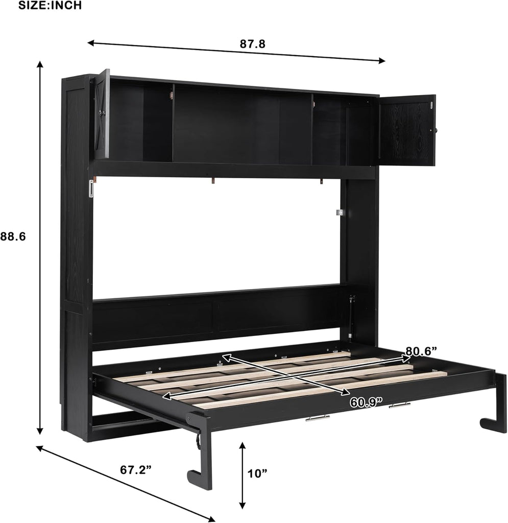 Queen Murphy Bed with Storage Cabinets, Wood Murphy Bedframe with Bookcase Shelves, Folding Wall Bed Cabinet for Adults (Black)