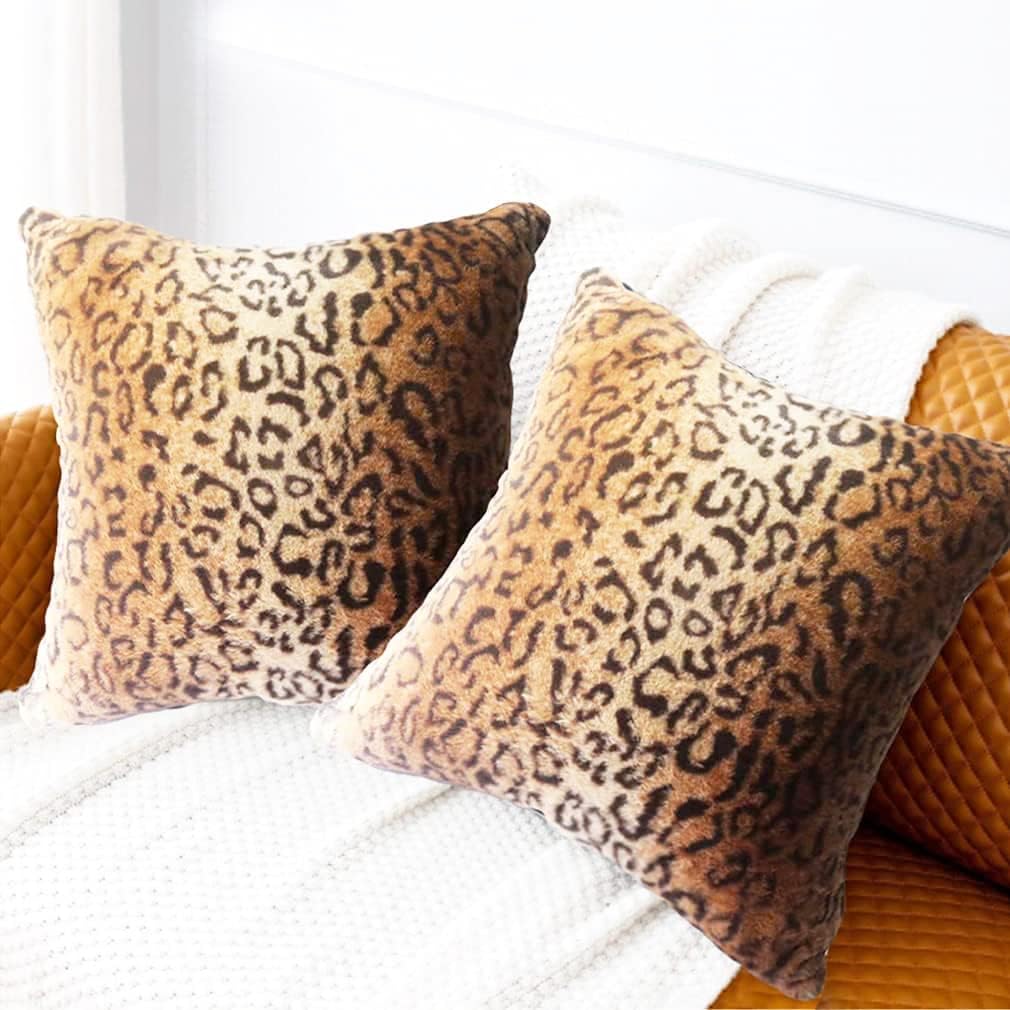 Faux Fur Throw Pillows, Set of 2 Decorative Square Couch Pillow Covers, Leopard Cheetah Print Luxury Soft Plush