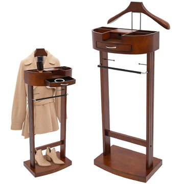 Wood Suit Rack, Vintage Birch Freestanding Clothing Valet Stand, Practical Valet Stand with Drawer and Trouser