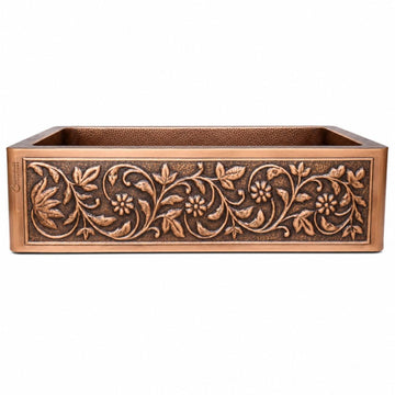 Vine Design Copper Kitchen Sink, Single Bowl Farmhouse Apron Front, 16-Gauge Handcrafted Antique Copper Finish