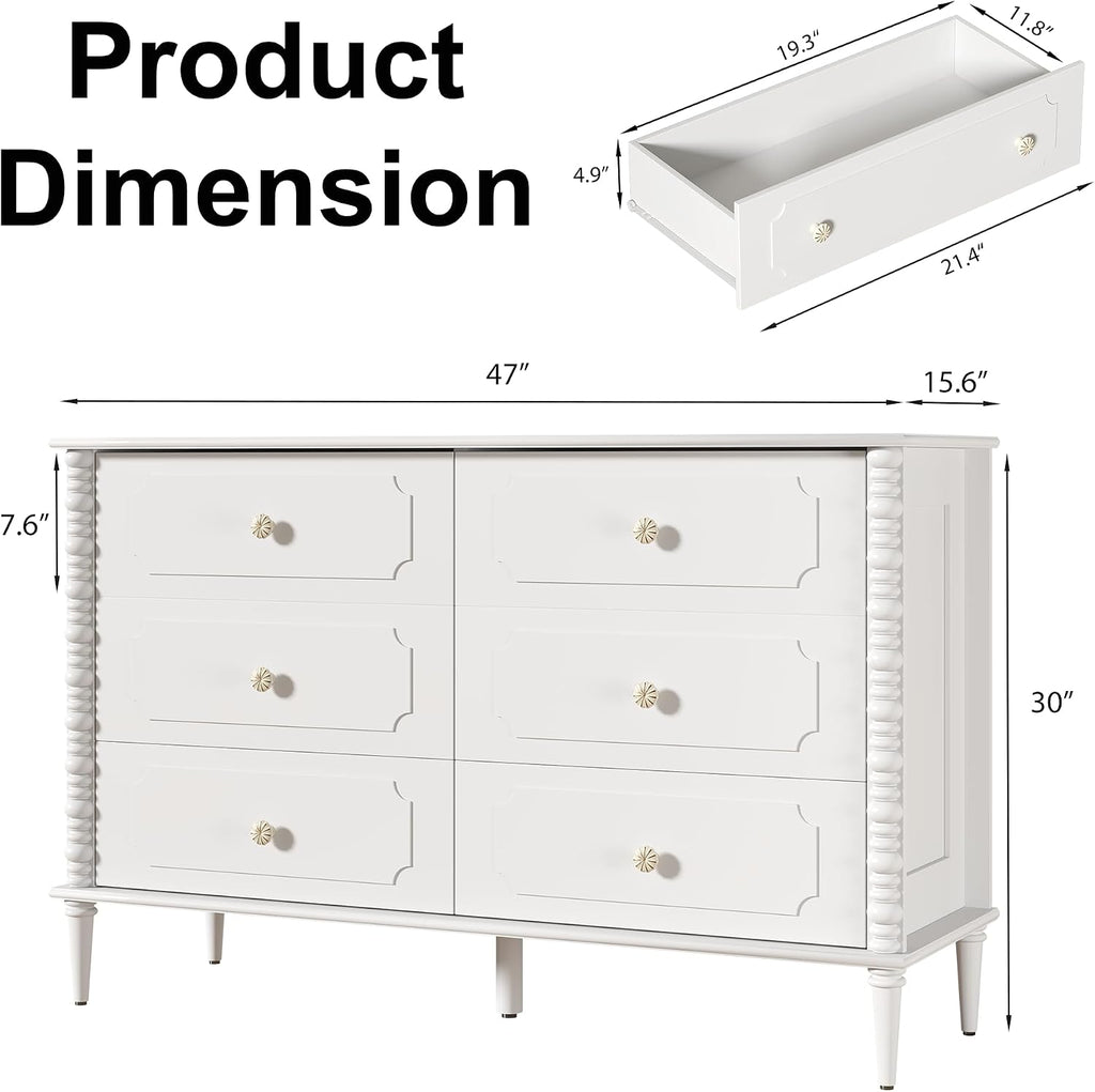 White 6 Drawer Dresser , 47" Wide Chest of Drawers with Turned Legs and Ceramic Knobs, Double Dresser, Wood Drawer