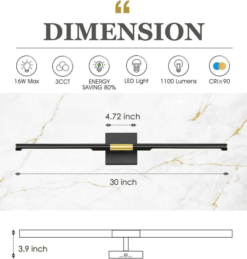 30 Inch Bathroom Light Fixtures, 16W 3CCT Dimmable Black and Gold LED Vanity Lighting Fixtures Over Mirror