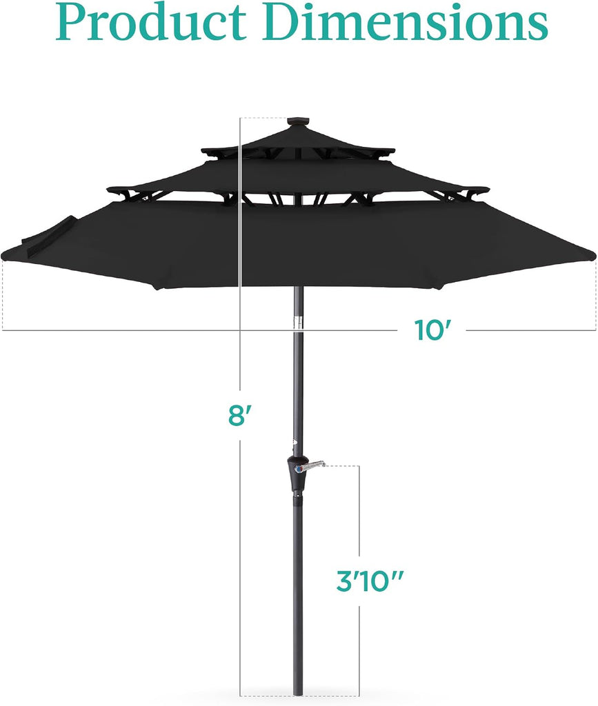 10ft 3-Tier Solar Patio Umbrella, Outdoor Market Sun Shade w/ 24 LED Lights, Tilt Adjustment, Easy Crank, 8 Ribs - Black