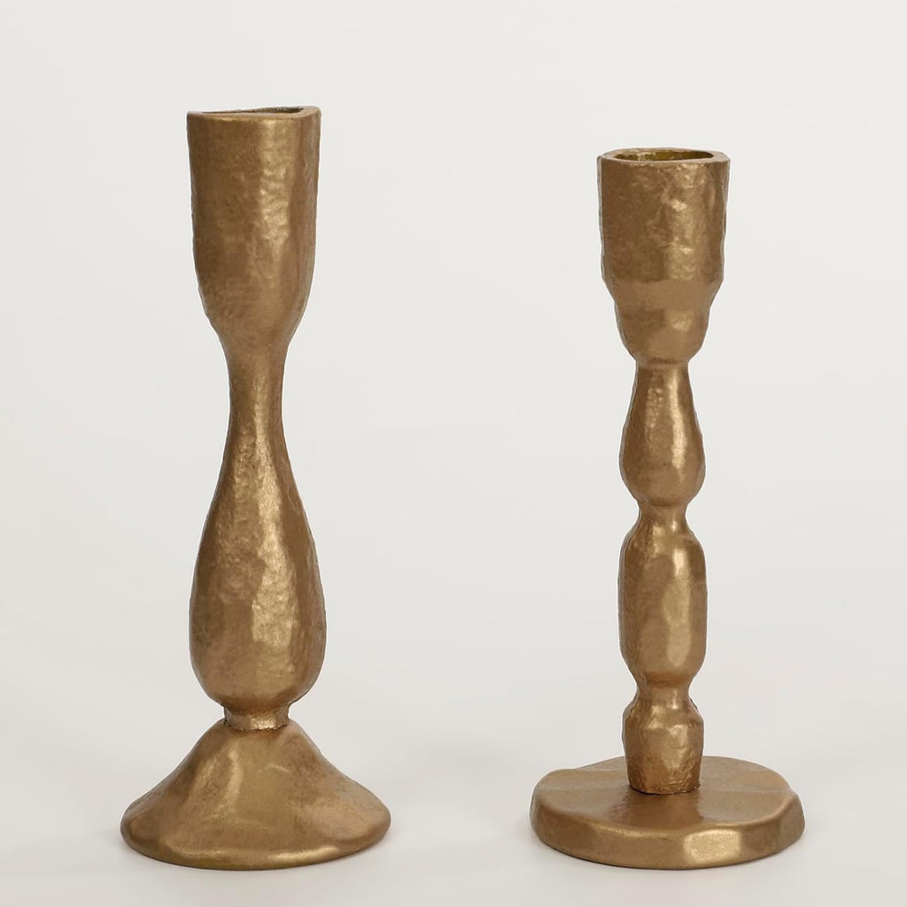 Antique Brass Handcrafted Iron Taper Candle Holders - Set of 2 Decorative Candlesticks for Weddings, Dining, and