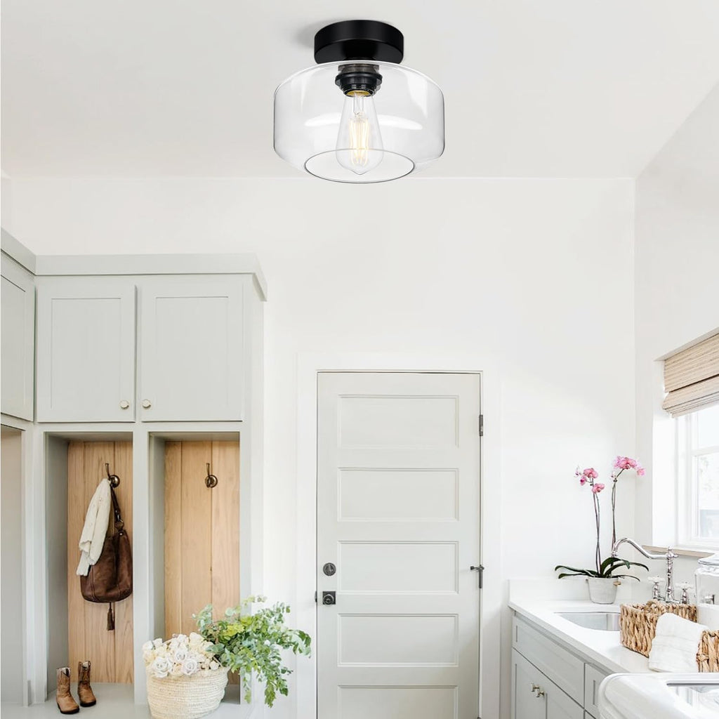 Industrial Semi Flush Mount Ceiling Light Black, Clear Glass Shade Ceiling Light Fixture, Farmhouse Light Fixtures