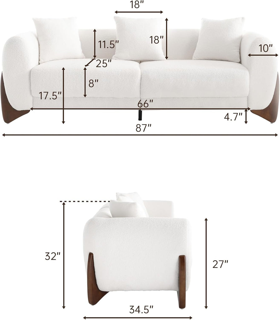 Modern Cloud Couch - 3 Seater Sherpa Boucle Sofa with Wood Legs