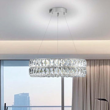 Led 15.7" Silver Ring Crystal Chandelier, Modern Dimmable Chandeliers Lighting and Hanging Adjustable, LED Round Ceiling Light Fixtures for Dining Room Living Room