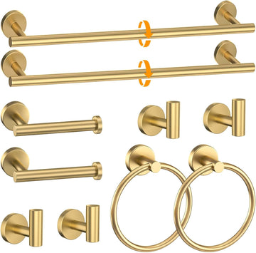 Brushed Gold Towel Bar Set 10 Pieces Round Bathroom Hardware Set Includes 23.6in Towel Bar Towel Ring Toilet Paper