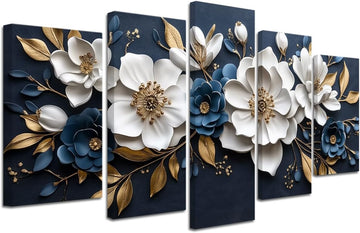Luxury White and Gold Floral 3D Wall Art 5 Pieces Flower Picture Canvas Prints Abstract Elegant White Floral Painting - Set of 5