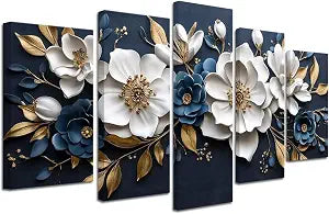 Luxury White and Gold Floral 3D Wall Art 5 Pieces Flower Picture Canvas Prints Abstract Elegant White Floral Painting - Set of 5
