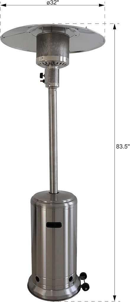 Industrial 46,000 BTU Standing Patio Heater, Steel Gray Aluminum Outdoor Heater with Wheels, Safety Shut-Off &