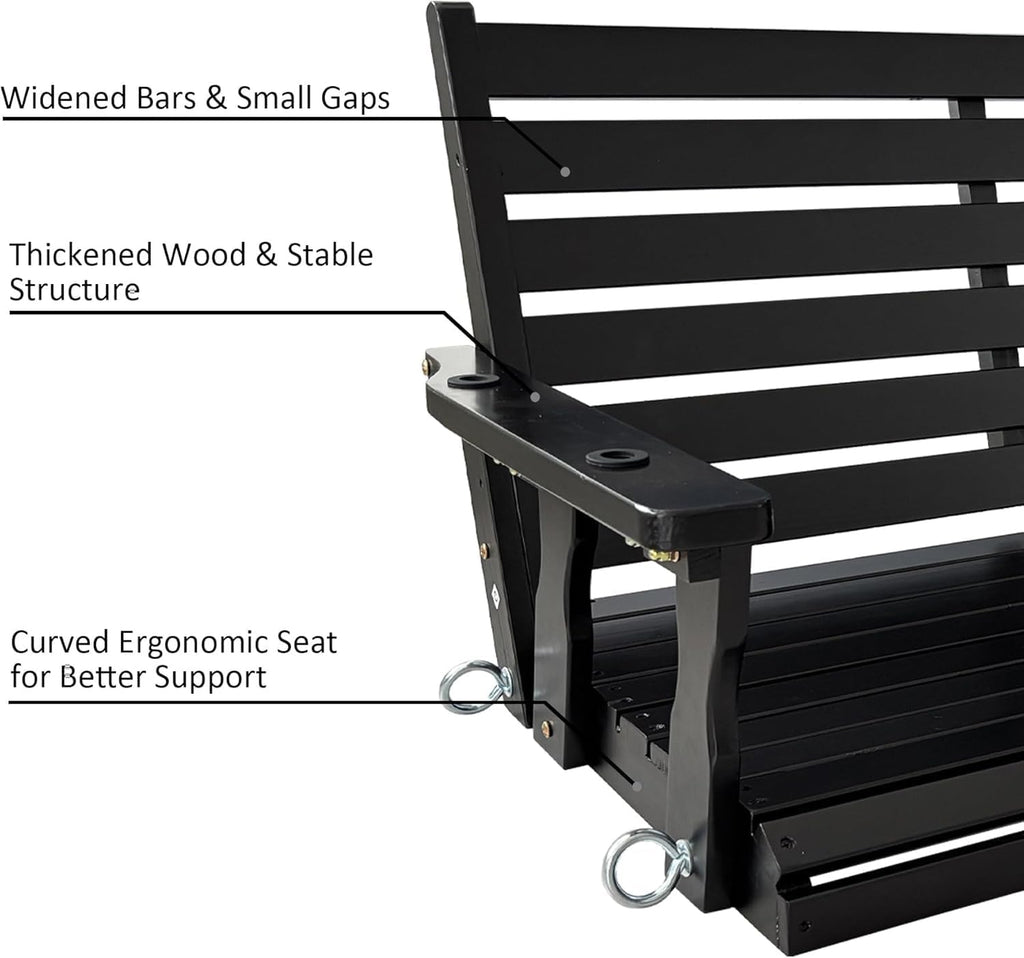 Wooden Porch Swing, Ergonomic Seat, Bench Swing with Hanging Chains and 7mm Springs, Heavy Duty 880 LBS, for Outdoor