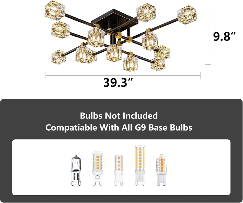 Crystal Ceiling Light Fixture with 13-Lights,Black and Gold Semi Flush Mount Ceiling Light,Modern Chandelier