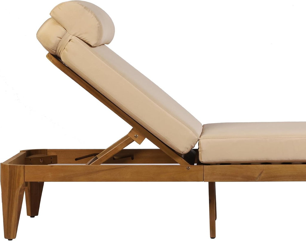 Acacia Wood Chaise Lounge Chair with Adjustable Backrest & Head Pillow, Outdoor Patio Sunbathing Lounger Backyard