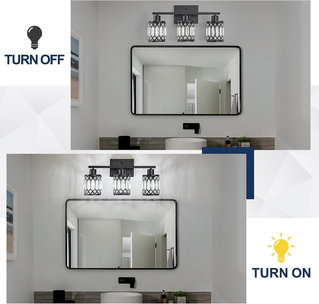 Crystal Modern Bathroom Light Fixtures, 3-Light Black Bathroom Vanity Wall Light, Vanity Lights for Mirror, Restroom
