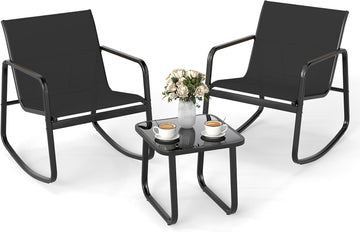 3 Piece Rocking Bistro Set, Patio Furniture Set with 2 Rocking Chairs & Glass-Top Coffee Table, Outdoor Rocker Chair