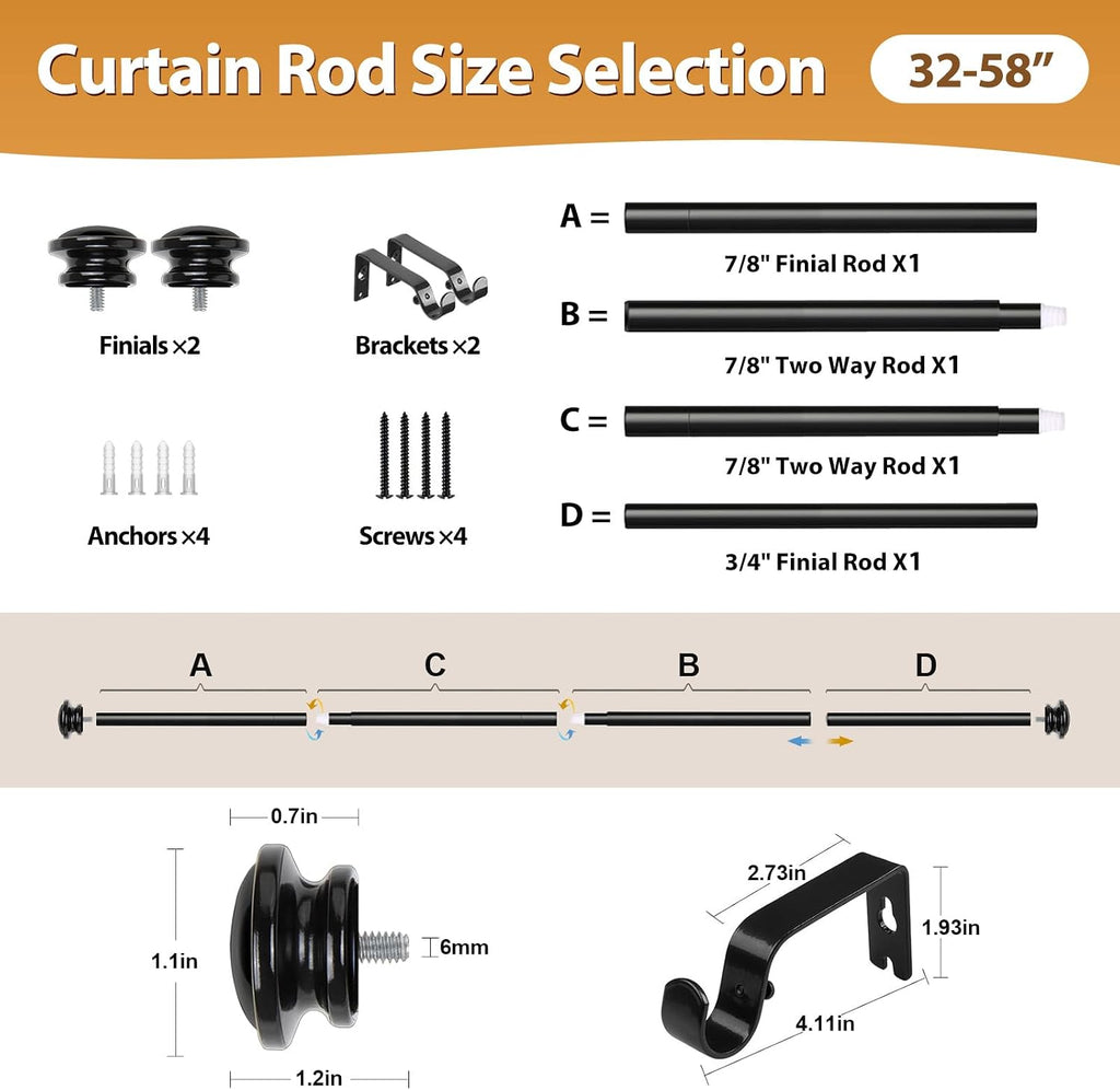 Curtain Rod, Telescoping Splicing 3/4 Drapery Rods for Windows