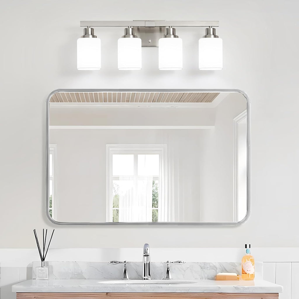 4-Light Bathroom Vanity Light,Brushed Nickel Vanity Lights with Square Frosted Glass,Modern Bathroom Wall Lights