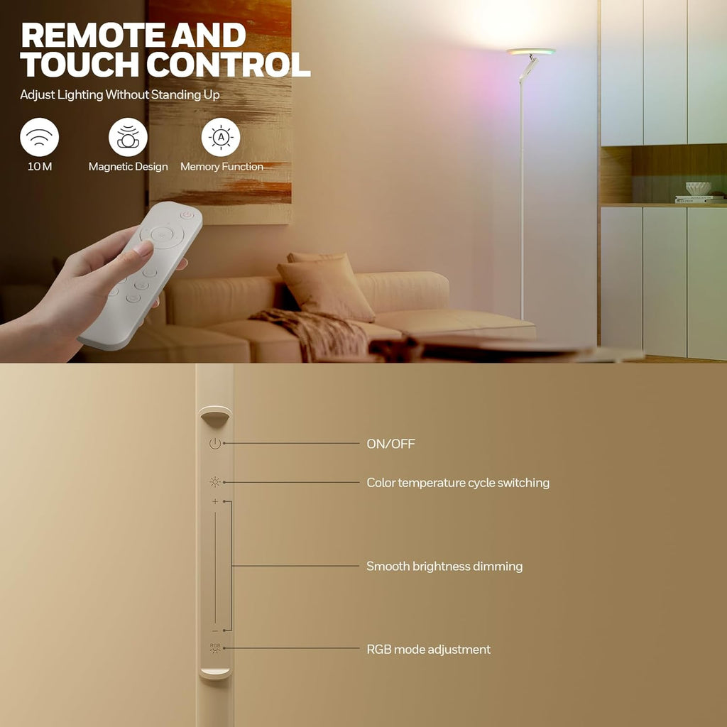 3000LM LED Floor Lamp, Torchiere Floor Lamps with Remote Control, F2 Sunturalux 40W Eye-Caring Reading Light