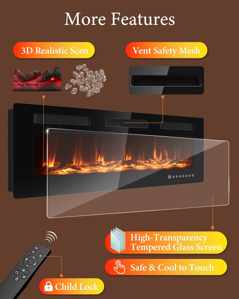 60" Electric Fireplace Insert| Wall Fireplace Electric with 3 Remote Controls |36 Custom Flame Effects