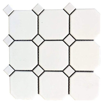 4" Octagon Tile Matte White Mosaic Porcelain Floor and Wall Tile Backsplashes, Accent Wall (White Dots Matte, 5