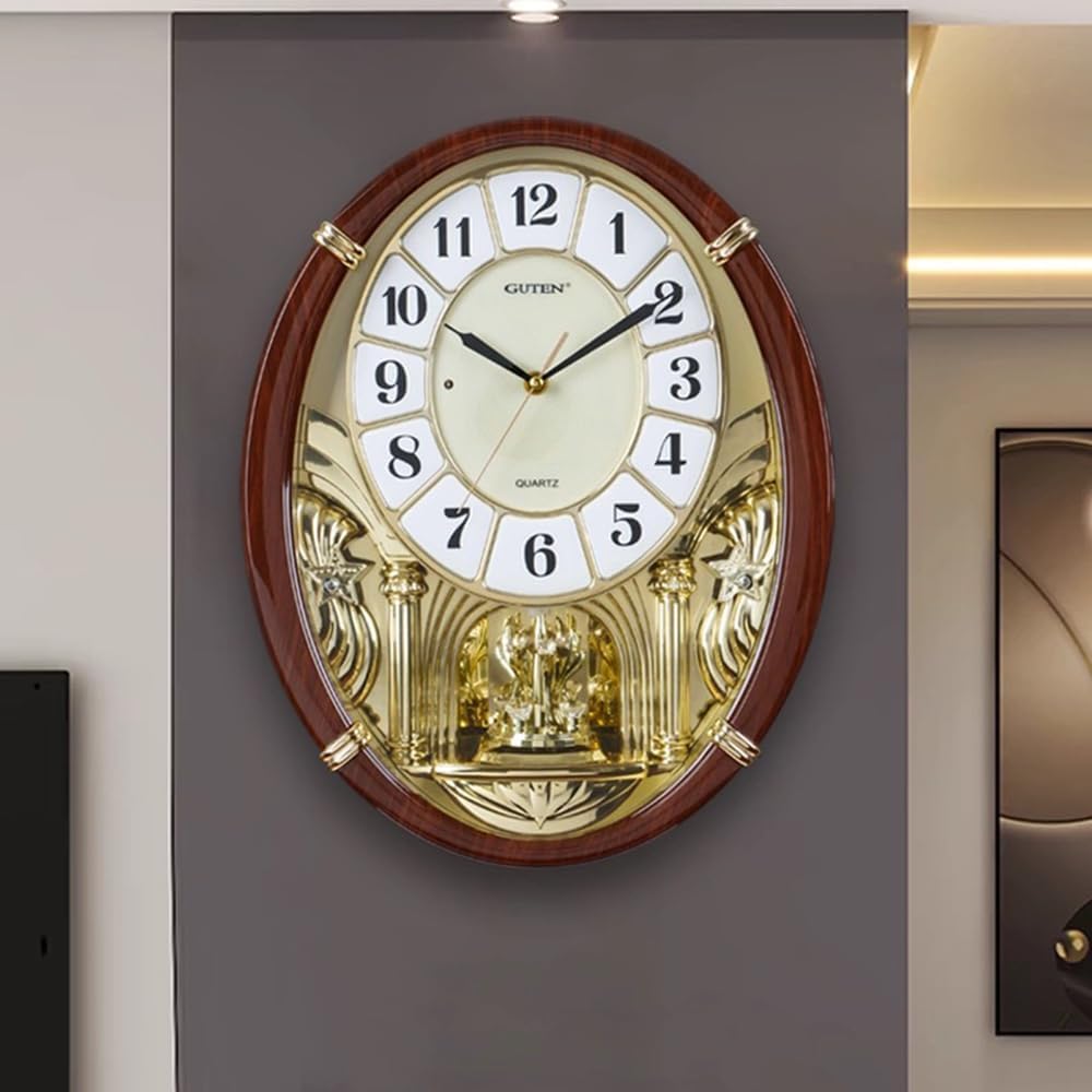 Melodies in Motion Musical Wall Clock - Chiming Wall Clock with Rotating Crystal Pendulum - 12 Melodies - Adjustable Volume - Night Shutoff