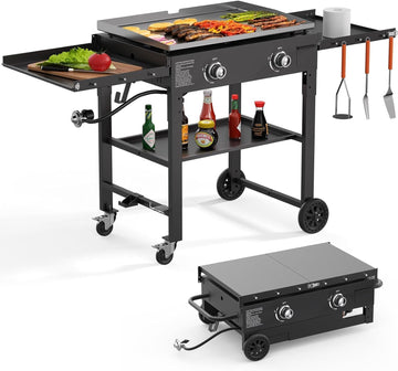 2-Burner Propane Gas Griddle, 28-Inch Flat Top Grill, 30,000 BTU Tabletop Foldable Griddle with Side Shelves