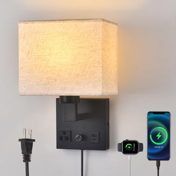 Bedside Wall Lamp, Plug in Wall Sconce - Dimmable Switch with AC Outlet & USB Charging Port, Fabric Shade, Black