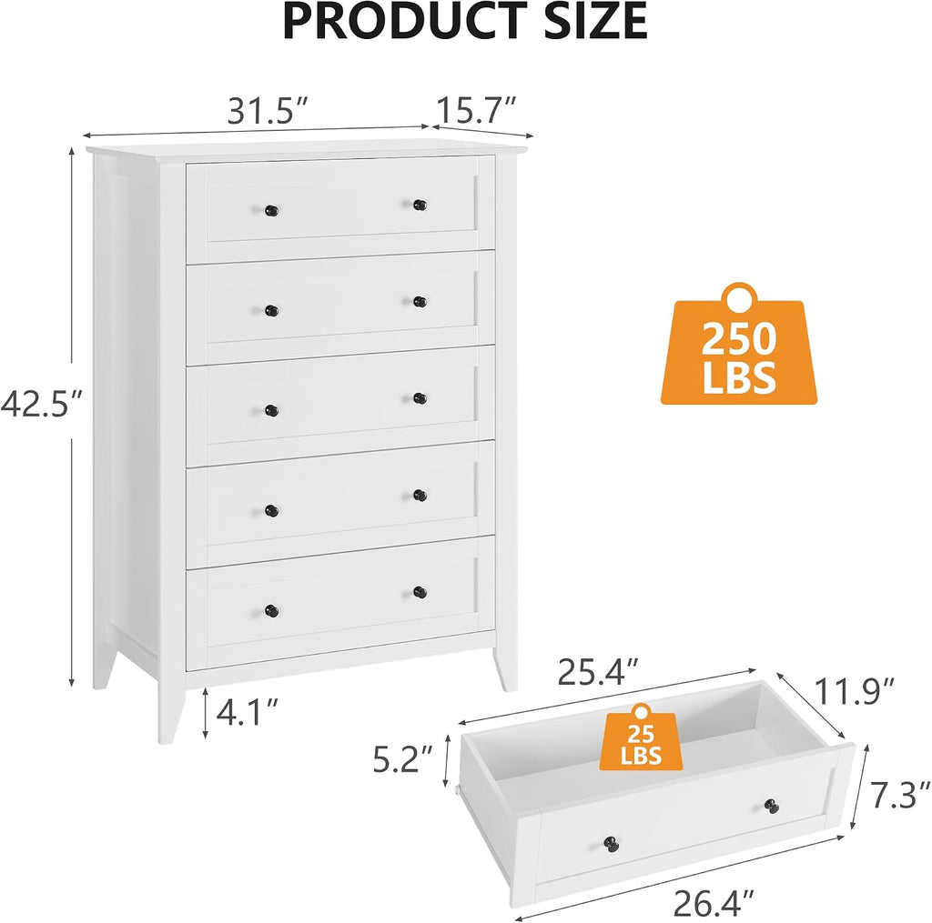 White 5-Drawer Dresser , 42.7"H Storage Drawers Organizer | Modern Lacquered Chest of Drawers, 15.8"D x 31.5"W x