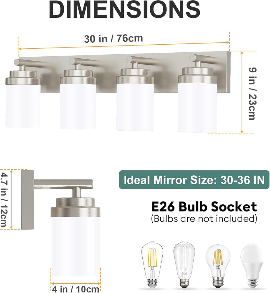 Bathroom Vanity Light Fixture, 4-Light 30 Inch Brushed Nickel Bathroom Light Fixtures Over Mirror, with White Glass