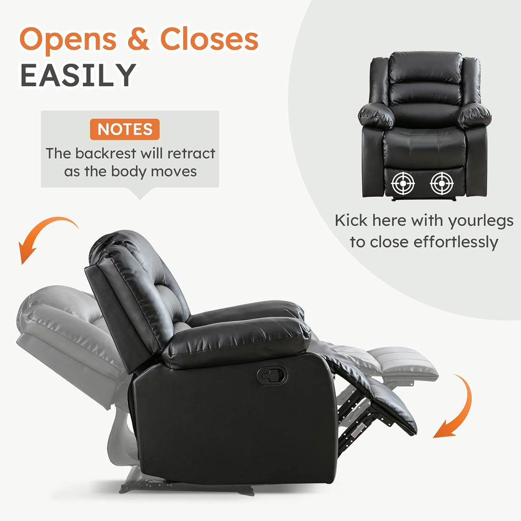 Traditional Recliner Chair, Breathable PU Leather, Extra Wide Manual Recliner with Overstuffed Arm and Back, Single