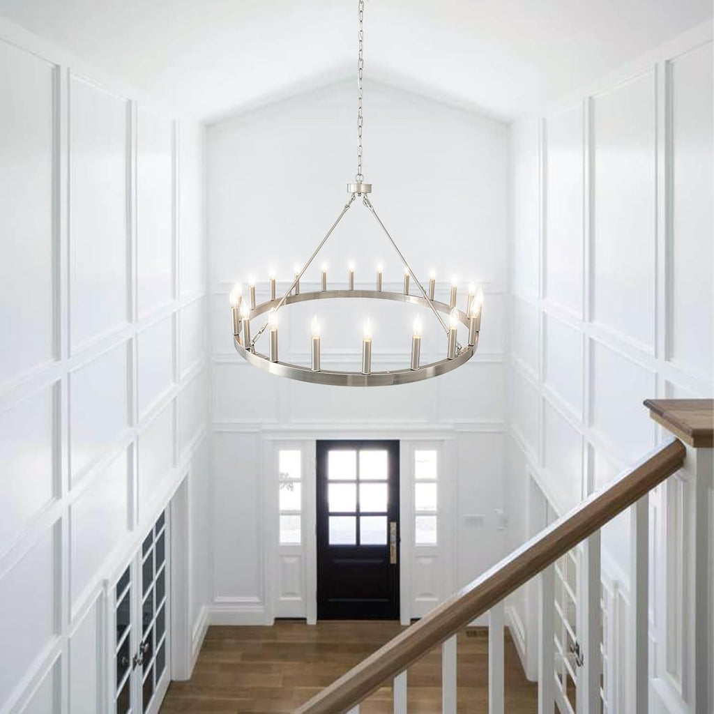Inspired Camino Style Chandelier - Silver Wagon Wheel Chandelier 40", Farmhouse Brushed Nickel Chandelier for Dining Room 20-Light, Modern Round Living Room Chandeliers Light Fixture for Foyer, Entryway, E12