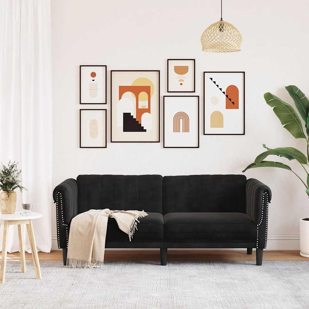 Black Velvet 2-Seater Sofa with Thick Padded Seat, Armrests and Backrest, Sturdy Legs for Stability, Modern Design