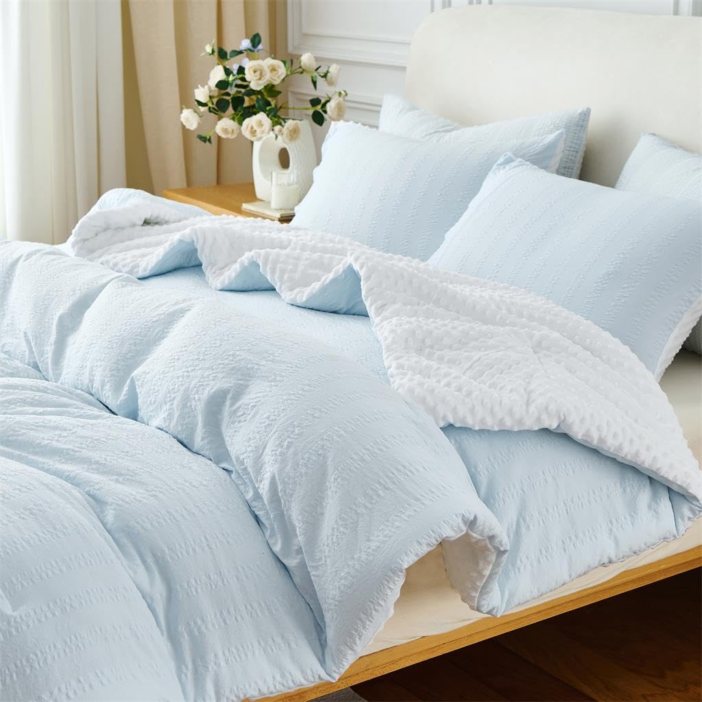 Blue Seersucker Comforter Striped Reversible Minky Dot Bedding Set