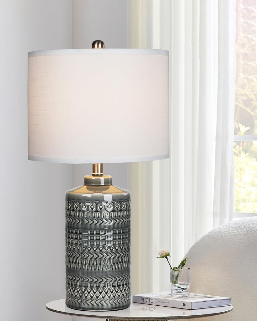 Modern Ceramic Table Lamp, 24.5" Living Room Lamps 3-Way Dimmable Gray Nightstand Lamp with White Shade|Tall Bedside