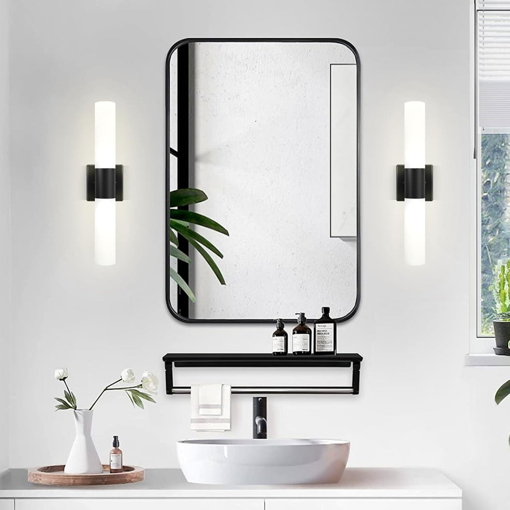 Wall Sconces Set of Two, Modern 21" Vanity, Frosted Glass, Black | Indoor Wall Light Fixture. , Mirror, Bedroom