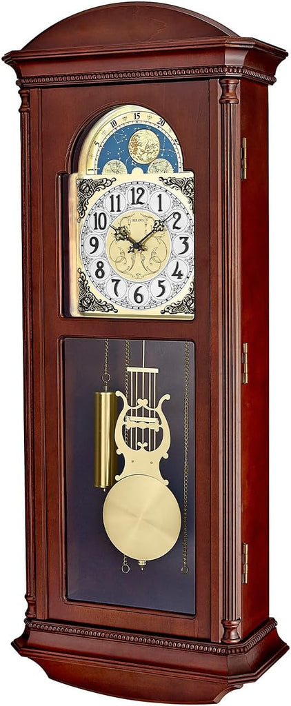Bulova Litchfield Large Regulator Wall Clock, Model C4332 - Classic Pendulum Design - Harmonic Hourly Chime - Brown Cherry Finish