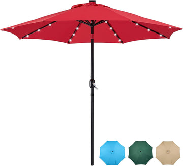 9FT Solar Powered Patio Umbrella - UV Protection Market Table Umbrella w/ 32 LED Lights & Push Button Tilt & Crank Lift