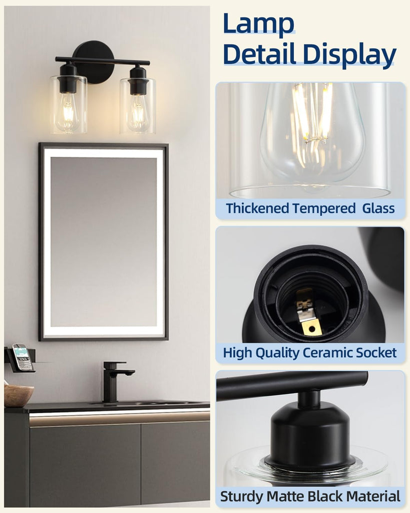 2-Light Bathroom Light Fixtures, Matte Black Bathroom Vanity Lights, Bathroom Lighting Fixtures Over Mirror with