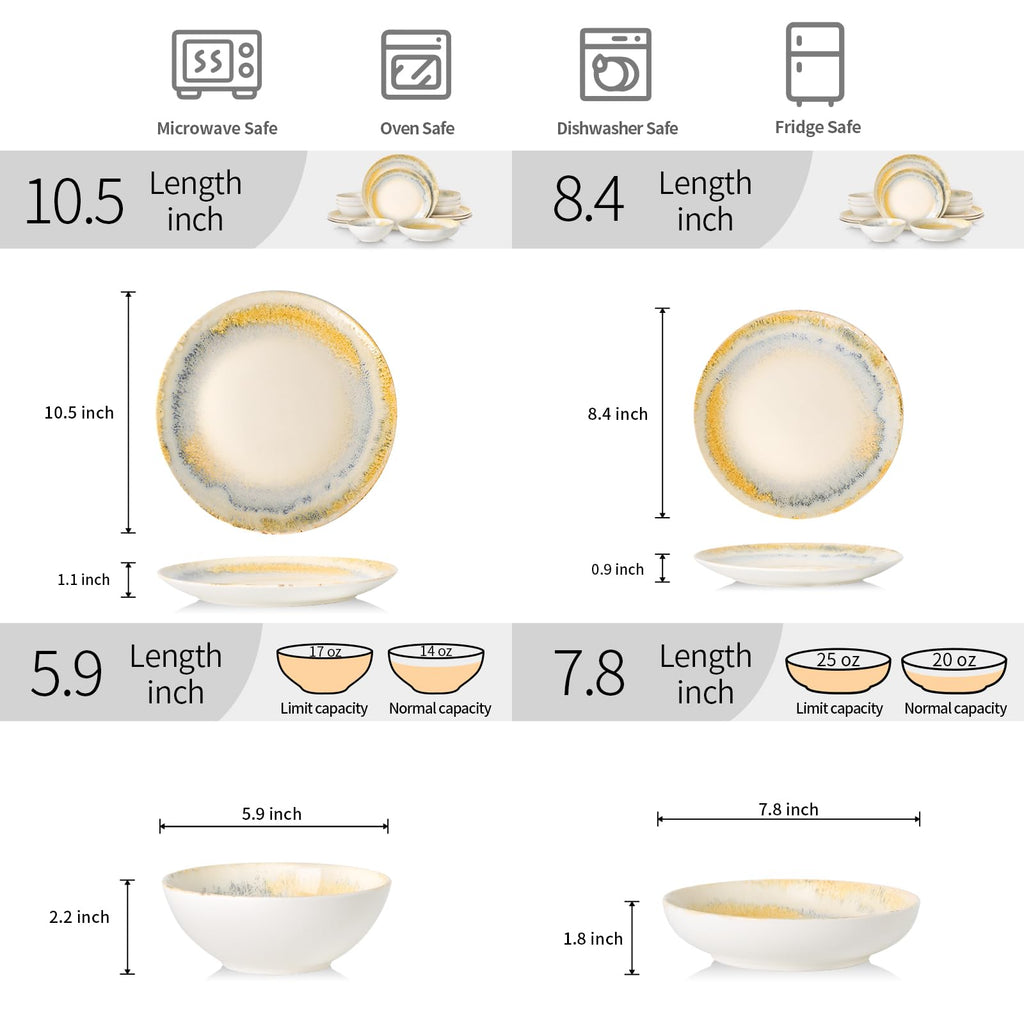 Ceramic Dinnerware Sets for 4, 16 pcs Plates and Bowls Sets