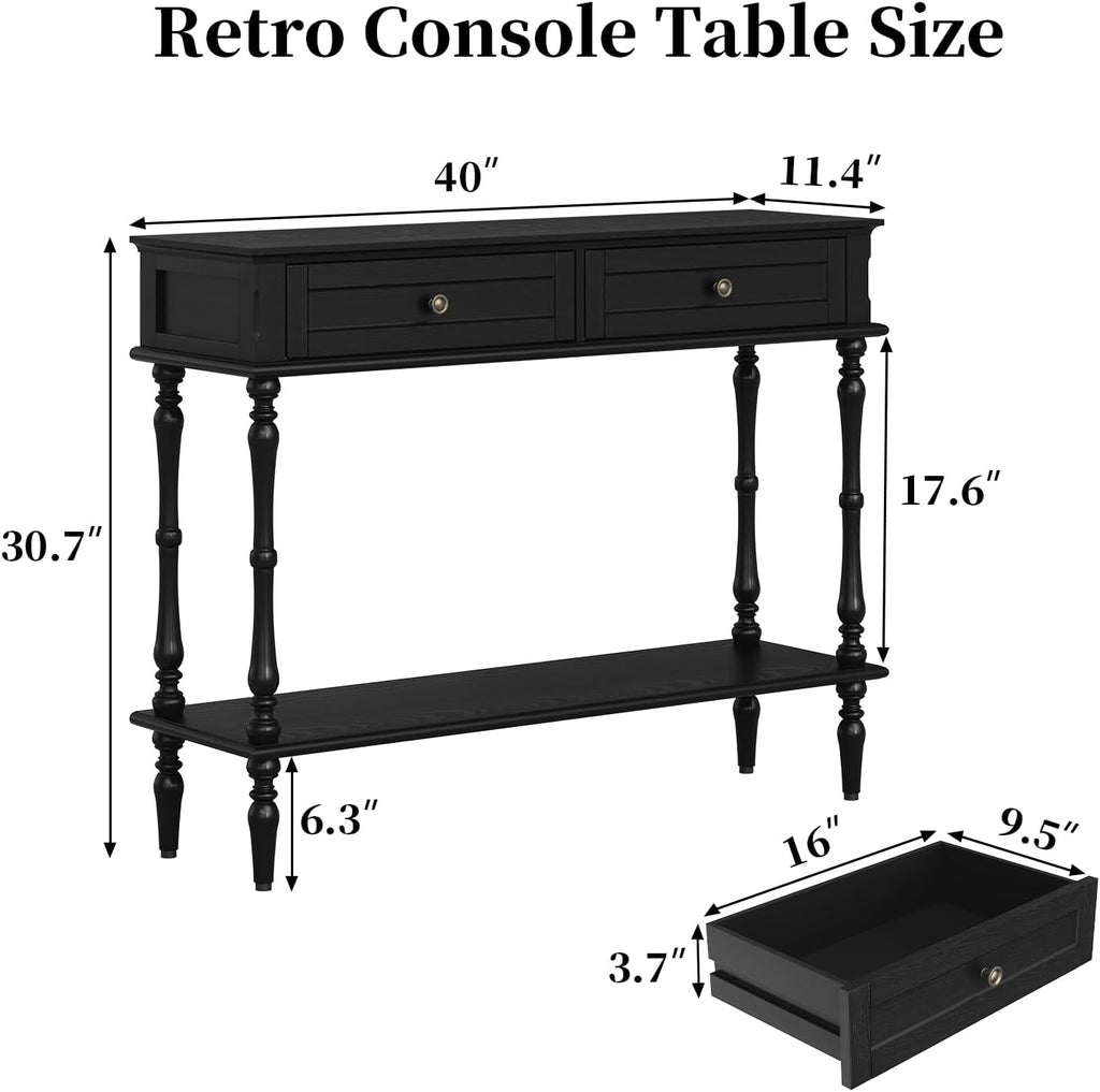 Console Table with 2 Drawers-Minimal Assembly,Black Retro Entryway Table with Storage Cabinets and Open Shelf,Narrow