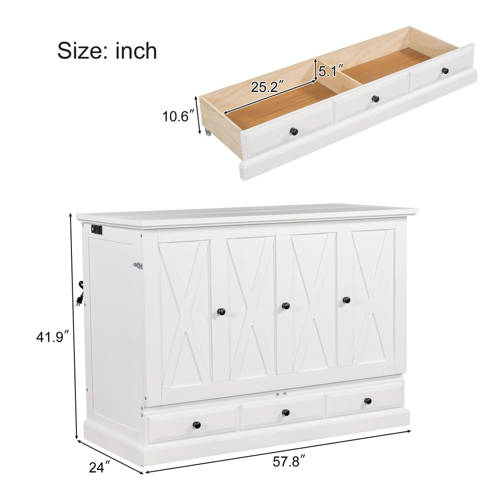 Full Size Murphy Bed, Solid Pine Wood Farmhouse Full Murphy Bed Frame Chest Cube Cabinet with Charging Station and