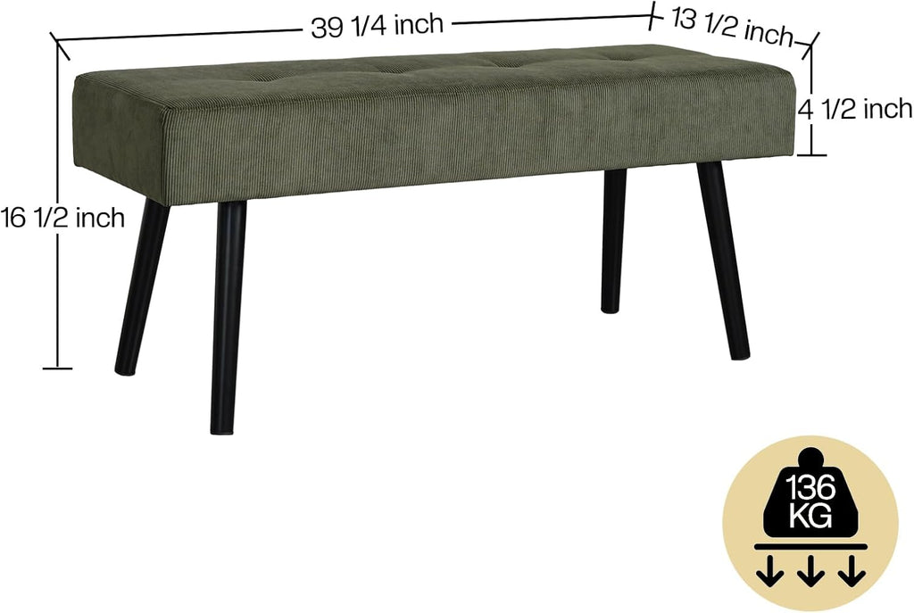 Entryway Bench - Green Bench , Modern Ottoman End of Bed, Corduroy Padded Benches , Foyer, Mudroom, Hallway - 39" L x